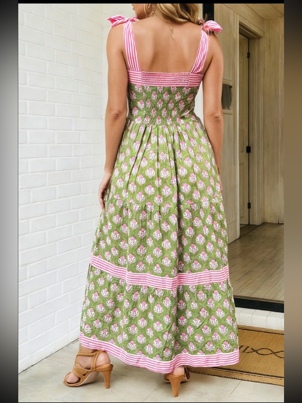 LA Society Green Floral Print Stripe Detail Knot Straps Maxi Dress - Picture 3 of 3